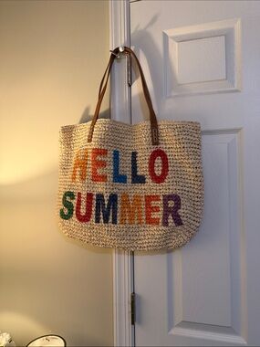 Straw Studios Multicolor Lettering Straw Tote with Tan Straps